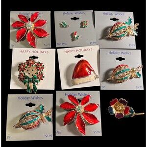 Lot of Vintage & Modern Christmas Brooches Pins Rhinestones Enamel Trees NEW